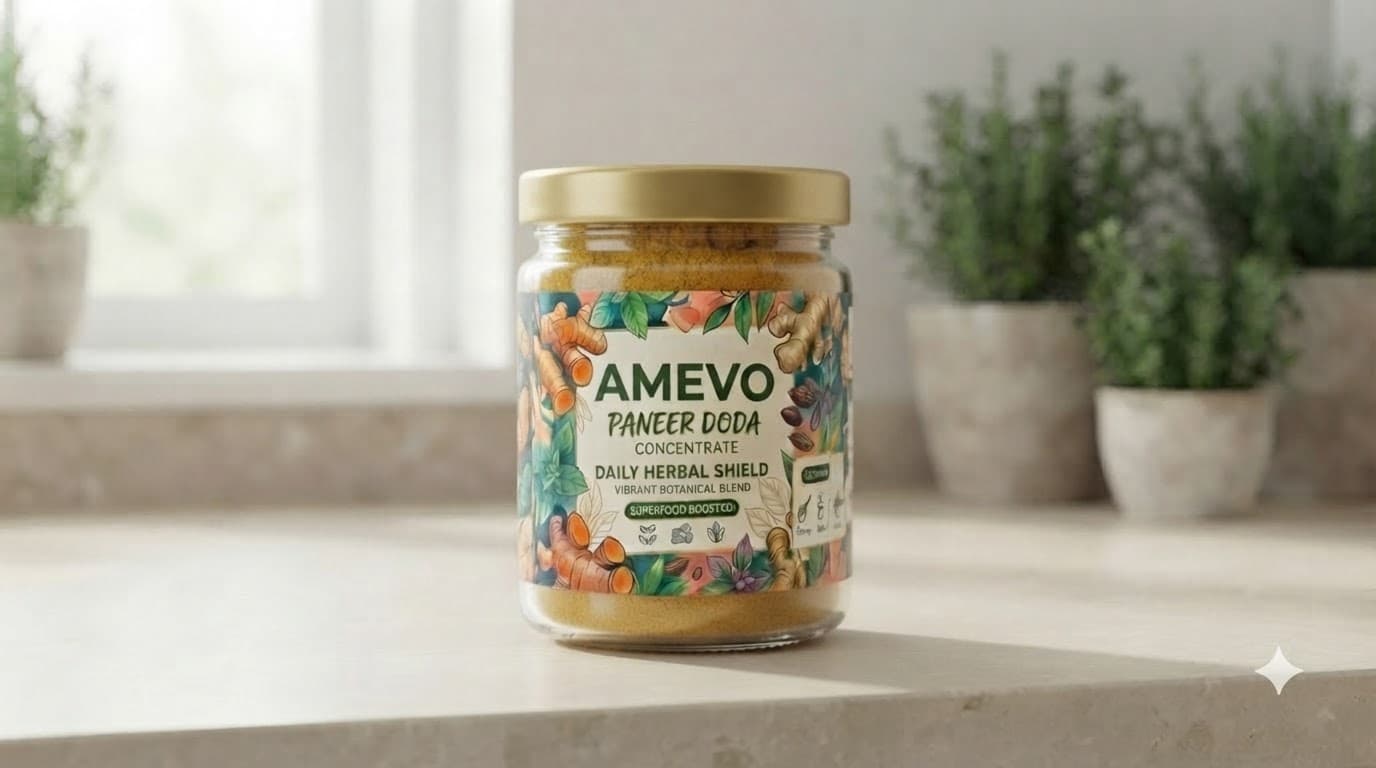 AMEVO Paneer Doda Instant Extract Powder — jar with a gold lid and a botanical label, powder visible through the glass