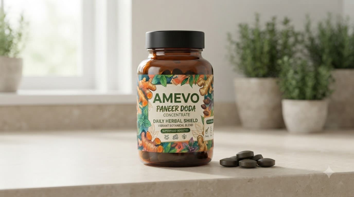 AMEVO Paneer Doda Tablets — amber bottle with a black cap and a botanical label, tablets spilled beside it