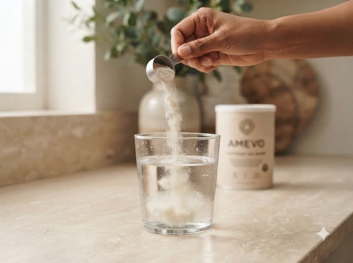 A hand tipping a scoop of AMEVO extract powder into a glass of water