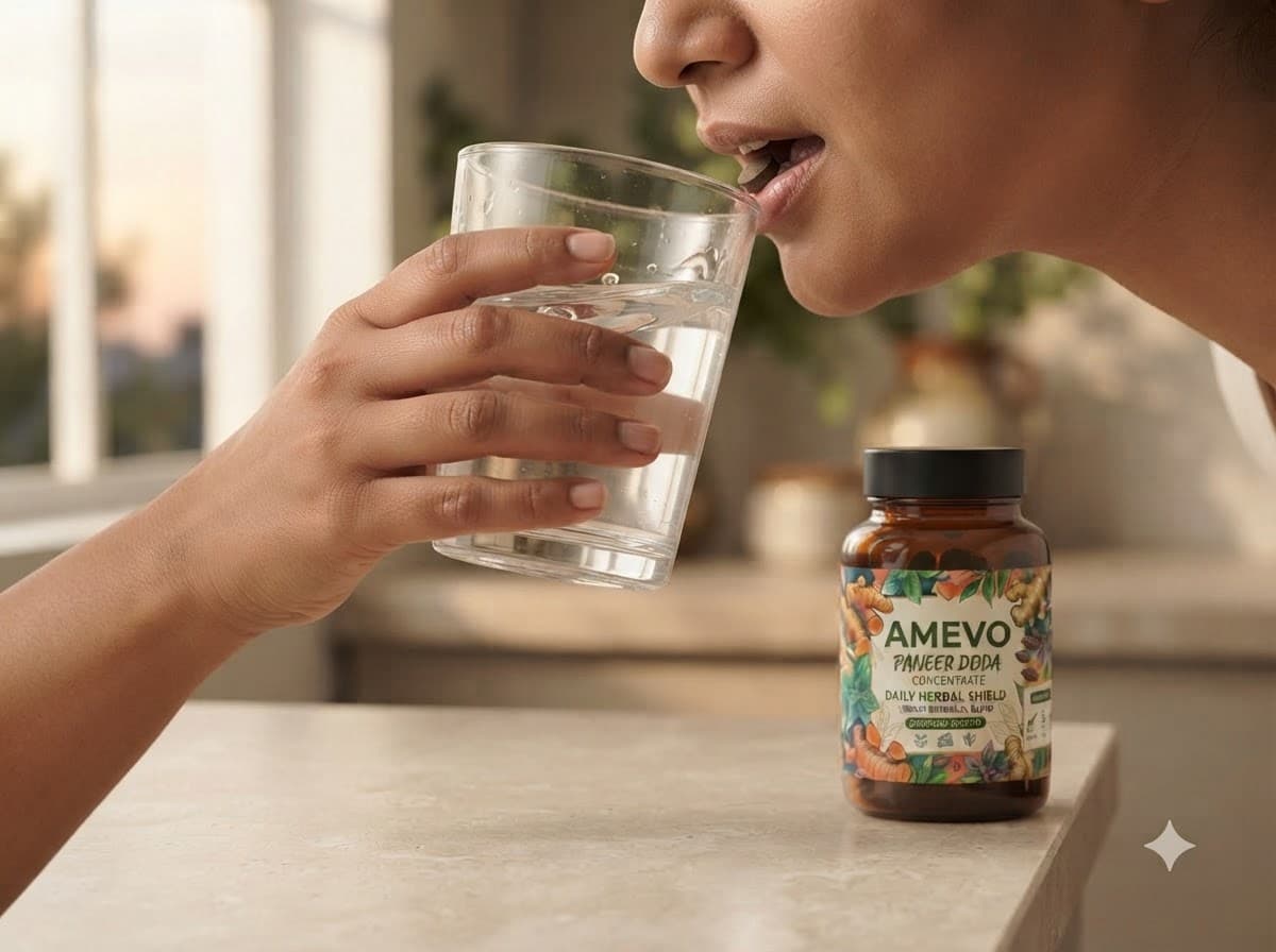 Drinking water after taking a Paneer Doda tablet