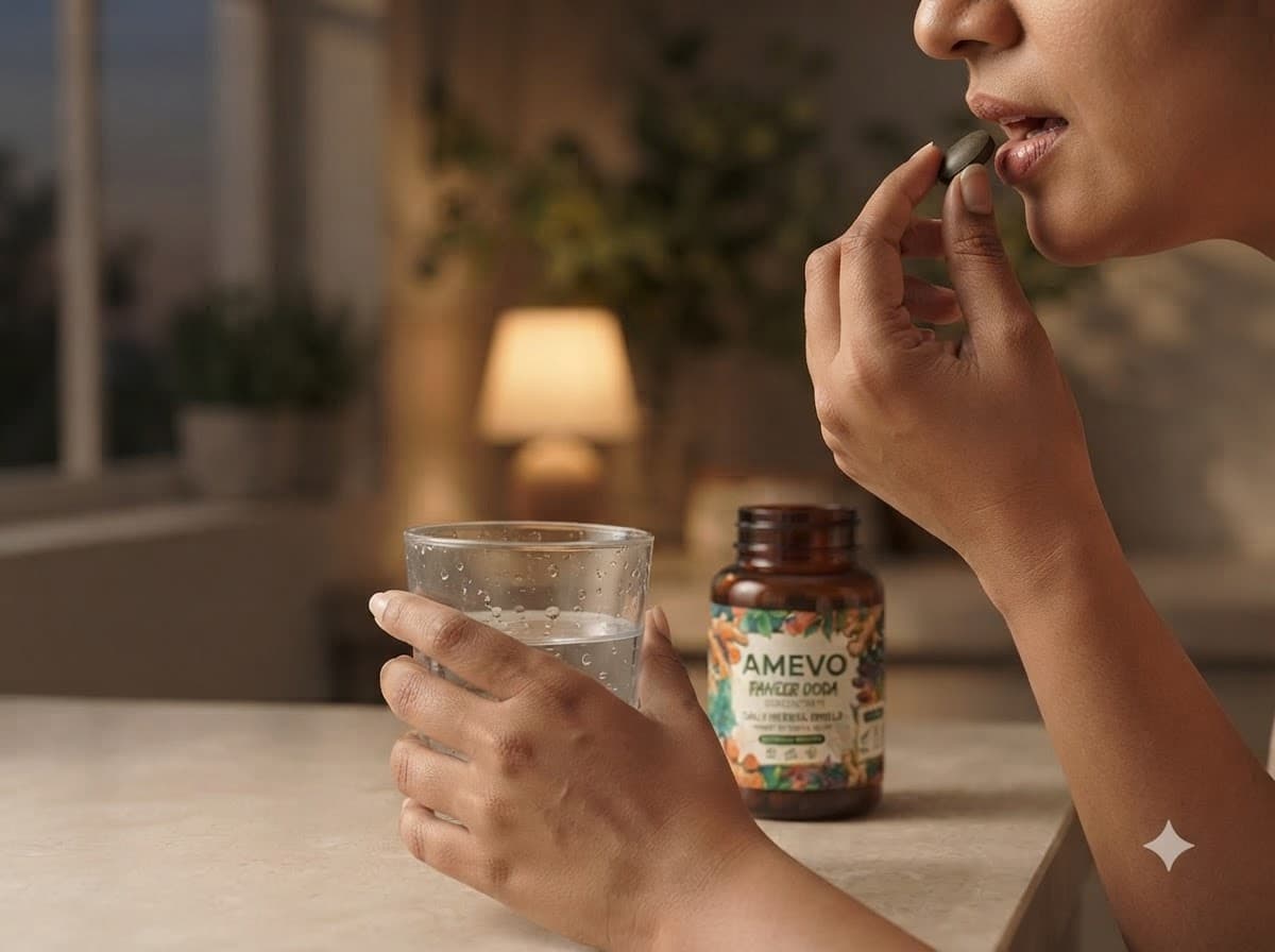 Taking a Paneer Doda tablet with a glass of water