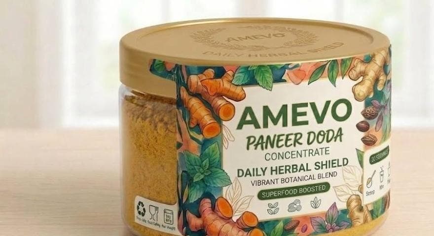 AMEVO Paneer Doda Instant Extract Powder — jar with a gold lid and a botanical label, powder visible through the glass