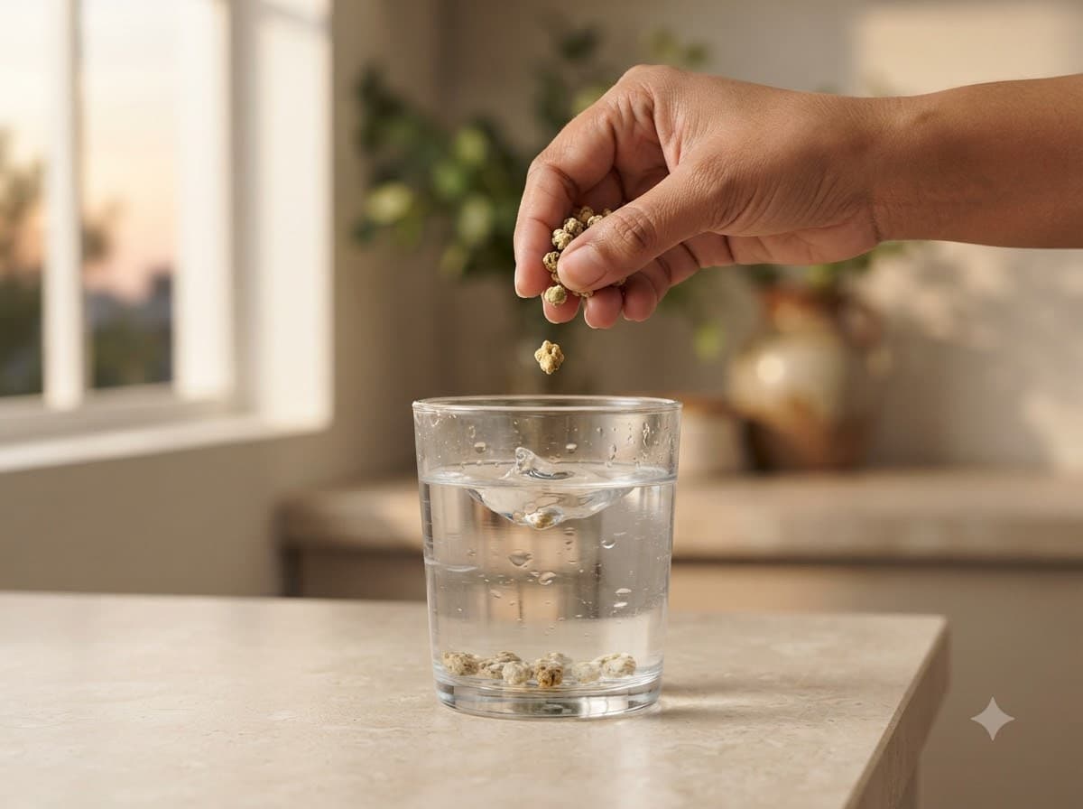 Raw Paneer Doda pieces being dropped into a glass of water to soak