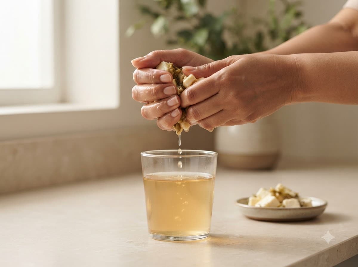 Hands squeezing softened Paneer Doda pieces, liquid dripping into a glass