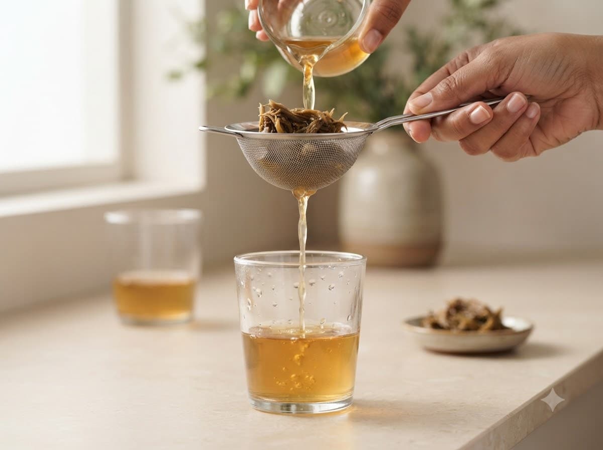 Liquid being poured through a fine mesh strainer into a glass