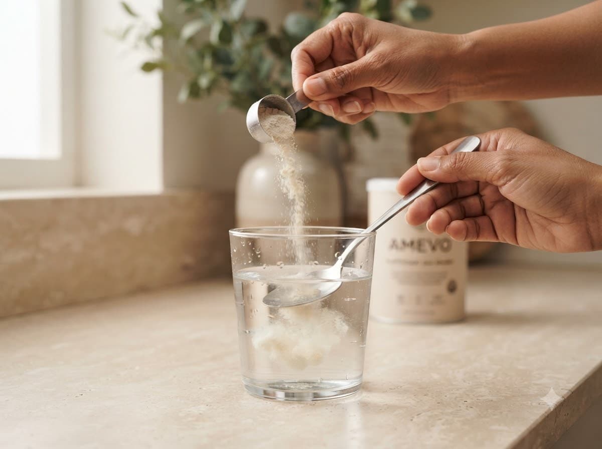 AMEVO extract powder being tipped from a scoop into a glass of water